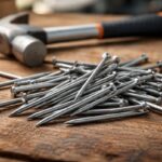 Close-up of steel wire nails on a wooden table with a hammer