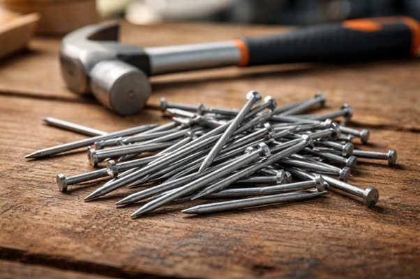 Close-up of steel wire nails on a wooden table with a hammer